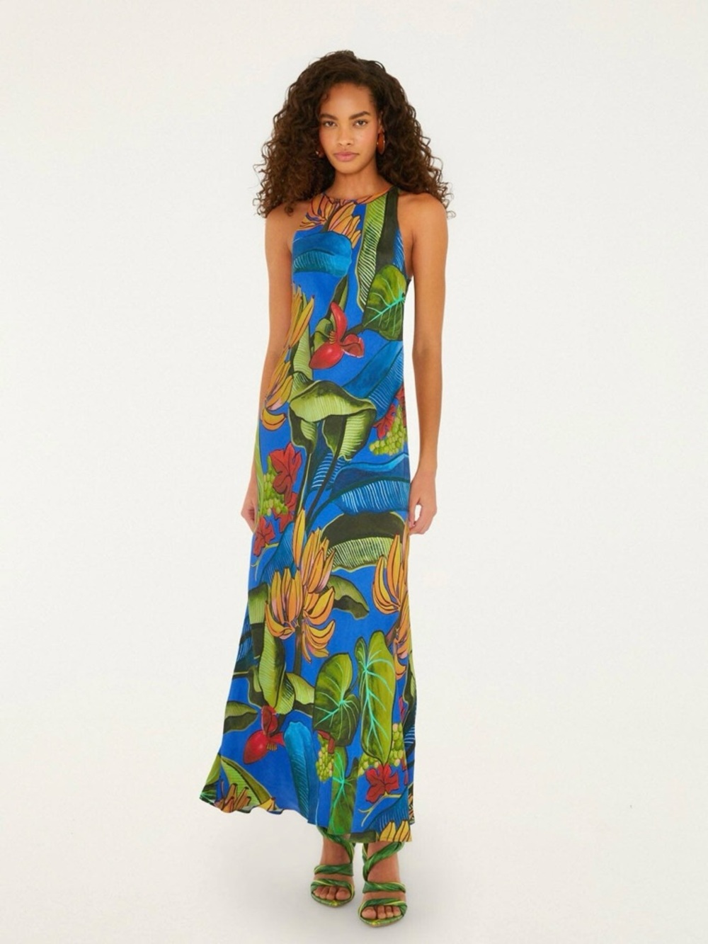 FARM Rio High-Neck Blue Banana Grapes Sleeveless Maxi Dress Size Medium NWT